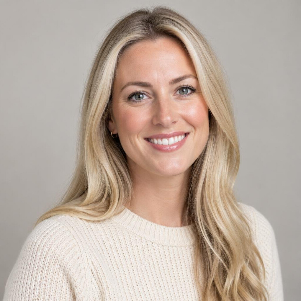 Portrait of a young woman with long blonde hair smiling