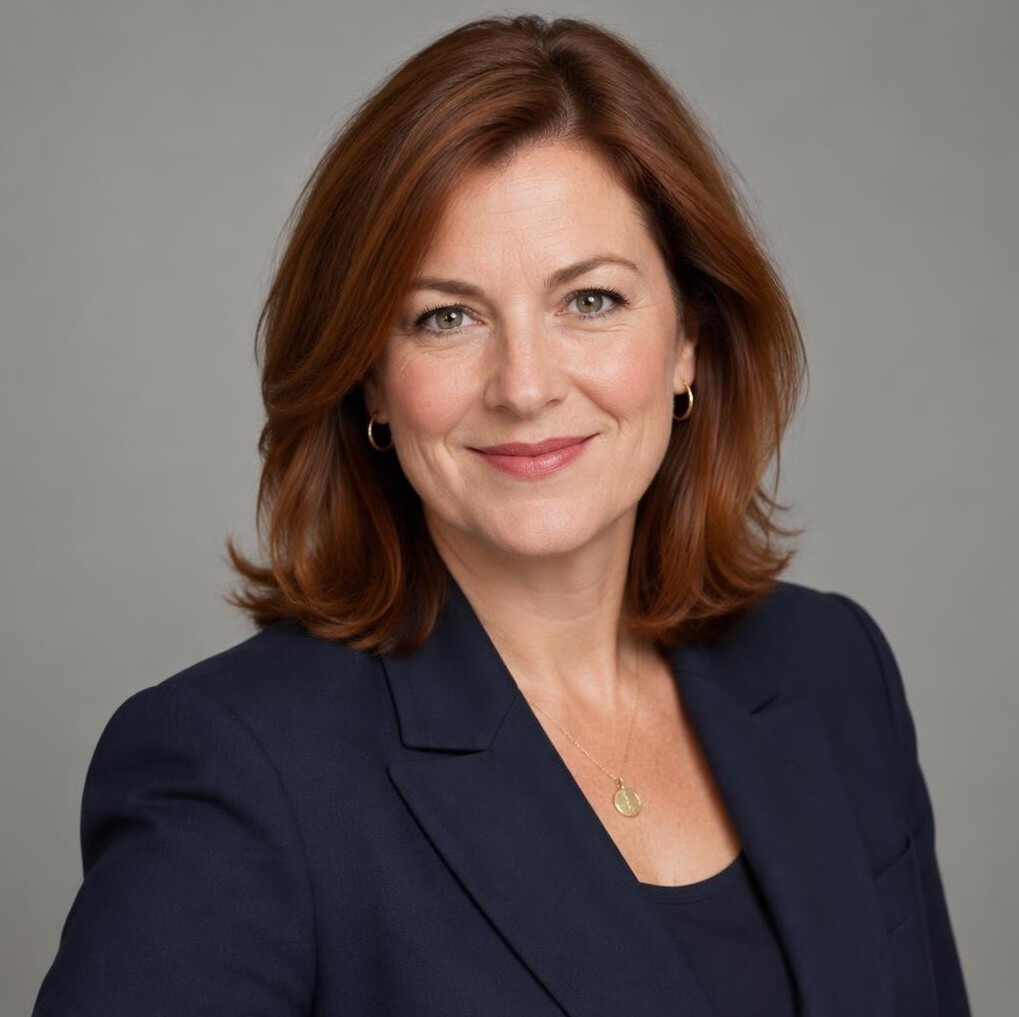 Portrait of a smiling woman with auburn hair in business casual clothing